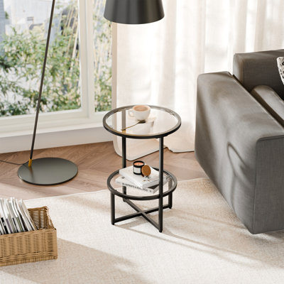 End Tables Set of 2 for Living Room, Round Tempered Glass Side Tables with 2-Tier Storage Shelf, Modern Metal End Table for Couch, Bedroom, Apartment, Black