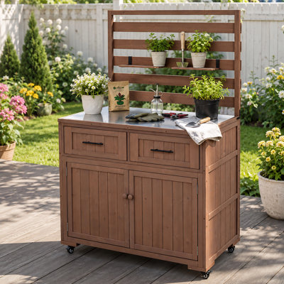 Îlot de cuisine extérieur 64,9 po avec plateau en acier inoxydable, tiroirs et tablettes mobiles