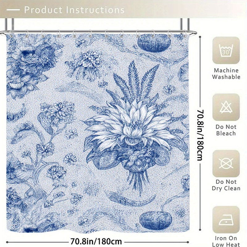 Rideaux de douche à motif floral bleu, 71 po x 71 po