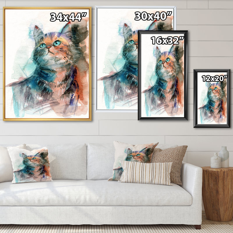 Petit chat gris aux yeux bleus - reproduction sur toile, H 32 po x l 24 po, Cadre flottant en érable
