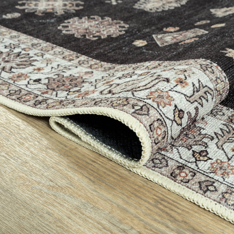 Tapis oriental noir / ivoire lavable antidérapant, Rectangle 6 pi x 9 pi