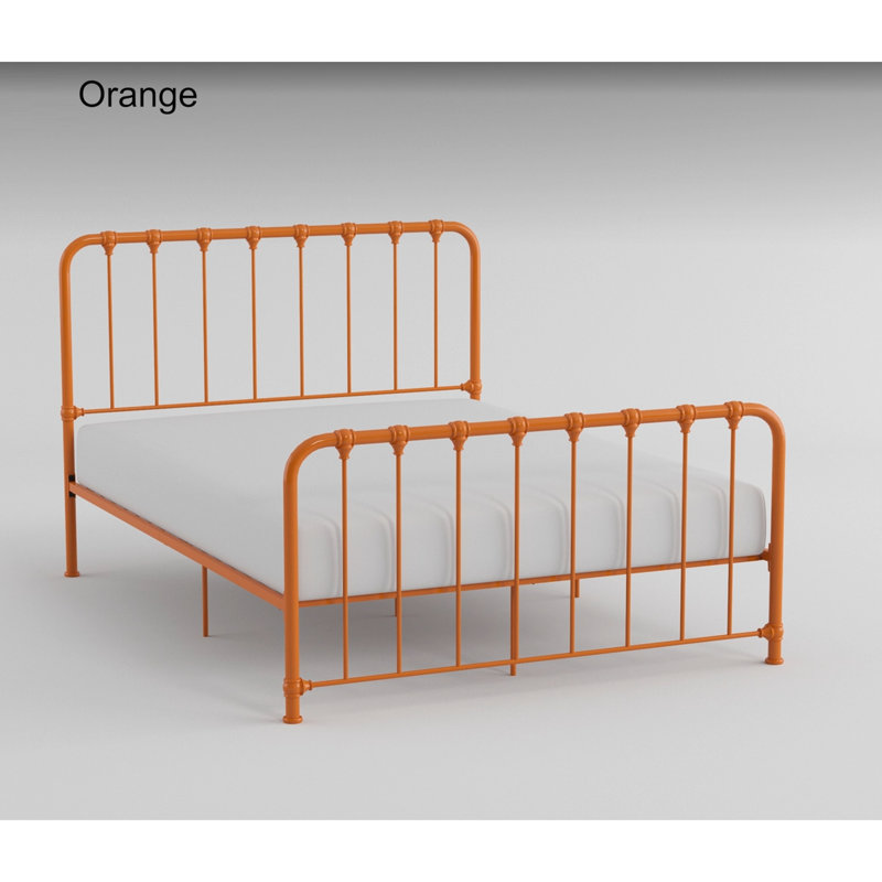 Lit plateforme simple en métal avec finition orange vif, sommier orange non essentiel, pas de fondation dans la chambre