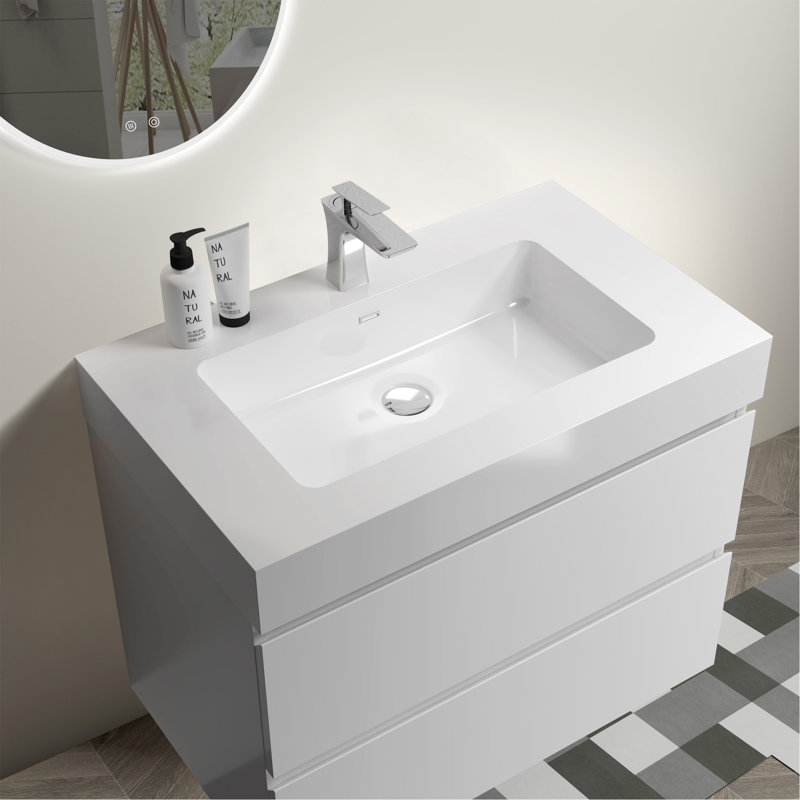 Meuble-lavabo élégant avec conception murale et lavabo intégré offrant style et fonctionnalité., Blanc, Blanc