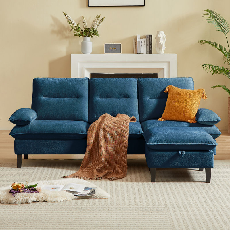 86.22" Chenille Sectional Sofa With Ottoman, Blue