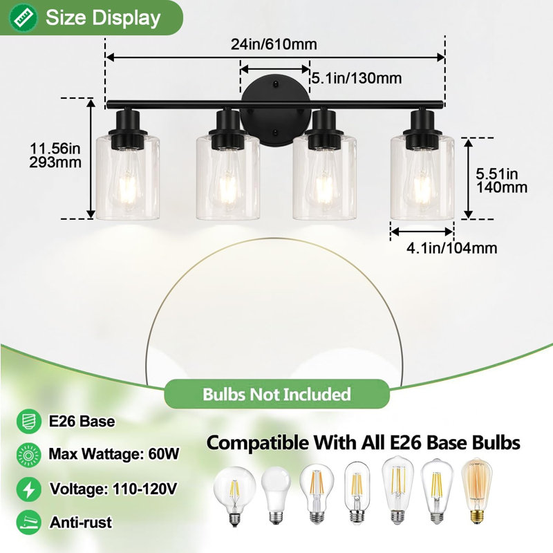 Luminaire de salle de bain noir moderne à 4 lumières RAINBEAN 24 po, applique murale en verre transparent de style campagnard, fixation haut / bas pour miroir, salon, chambre à coucher