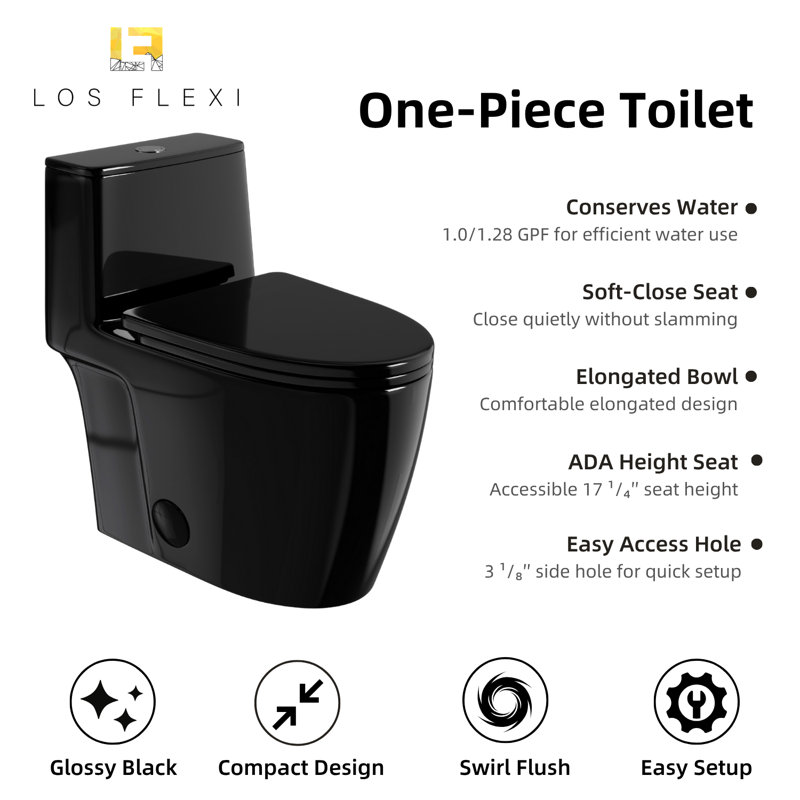 Black Toilet with Rimless Swirl Flush, Los Flexi 17.3" ADA Modern Elongated & Comfort One Piece Toilets For Bathrooms, Dual Flush 1.0/1.28 GPF, Soft-Close Seat & 12" Rough-In