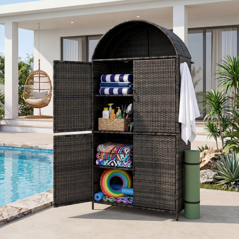 Armoire de rangement 72 po en osier de 72 po avec 4 portes et tablettes réglables pour la piscine, le jardin et la cour