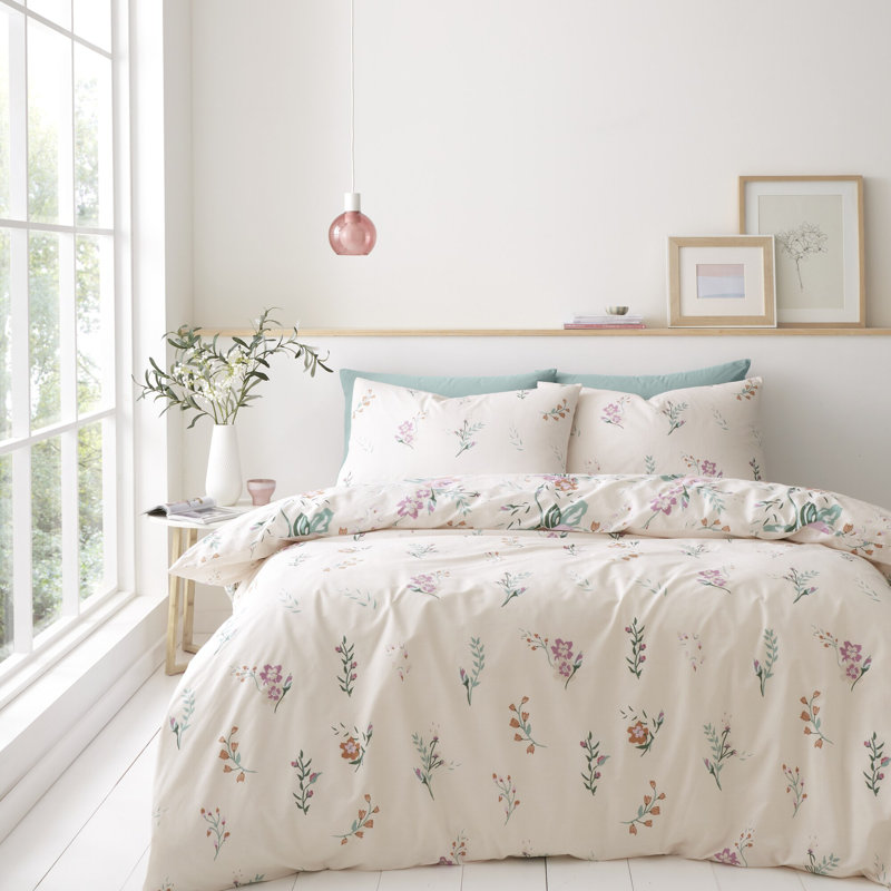ROSE GARDEN Cotton Blend Floral Duvet Cover Set with Pillowcases Included, Double Duvet Cover + 2 Standard Pillowcases, Cream