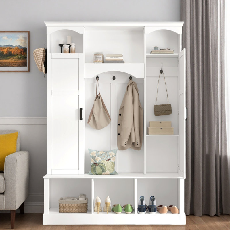 Modern Hall Tree With Adjustable Shelves, Side Cabinets, Top Compartments And Hooks, White