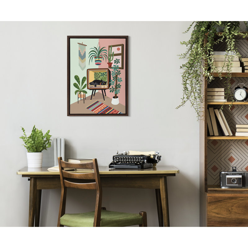 Reproduction d'art sur toile encadrée "TV Cat Bed" par Rachel Lee 3 Birdies Studio, Brun