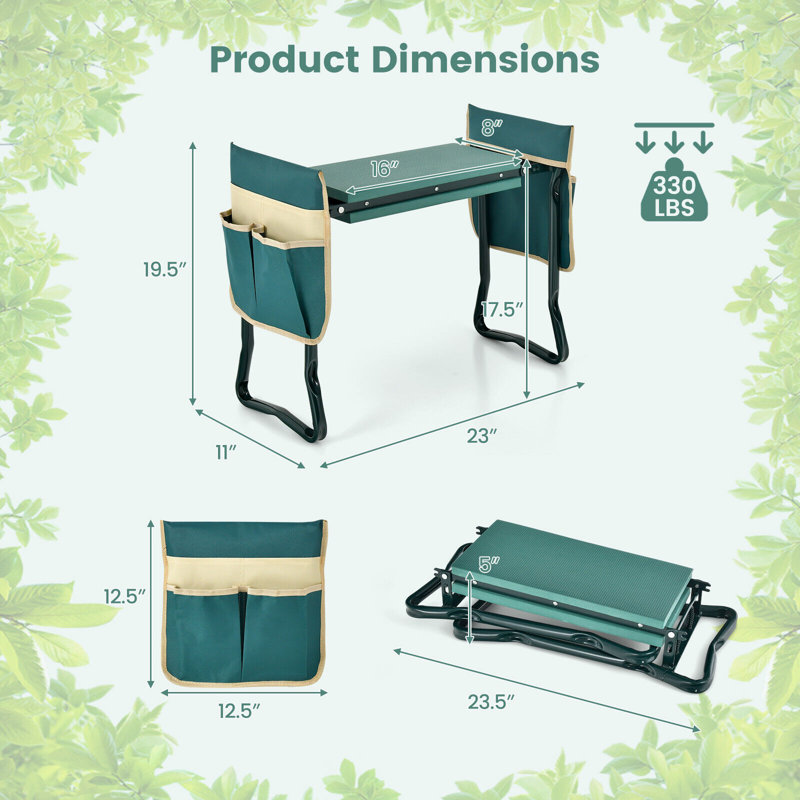 Banc de jardin vert pliable et léger pour outils de jardin