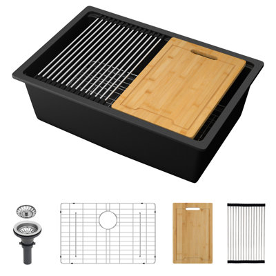 Matériau haut de gamme pour évier de cuisine encastrable en quartz noir de 19 po de largeur et profondeur de 28 pouces, avec surface non poreuse, réduisant l'accumulation de saleté, avec support à roulettes noir, quartz, évier, 28 po x 19 po