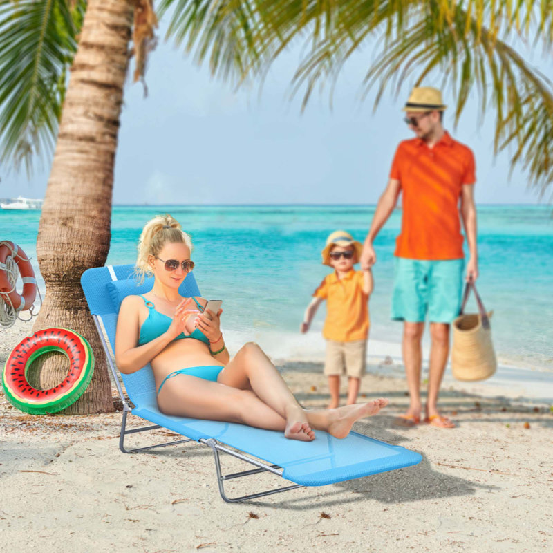 Folding Chaise Lounge Pool Chairs, Outdoor Sun Chairs With Pillow, Reclining Back, Steel Frame & Breathable Mesh For Beach, Yard, Patio