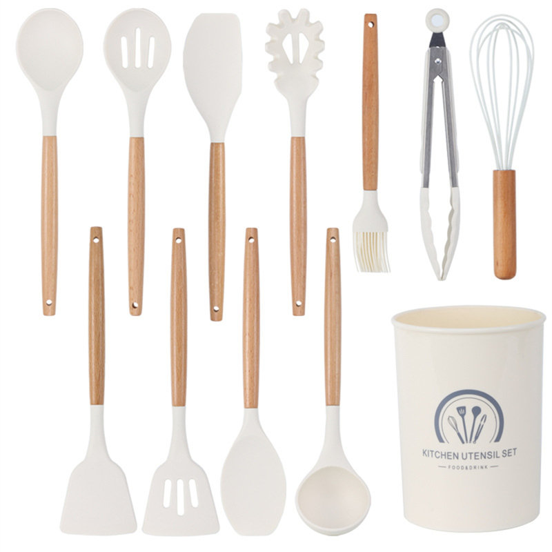 Ensemble d'ustensiles de cuisine en silicone 11 pièces avec poignées en bois - Outils de cuisine antiadhésifs résistants à la chaleur