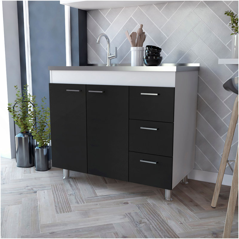 Armoire Ferretti, trois tiroirs, double porte, quatre pieds - blanc / noir
