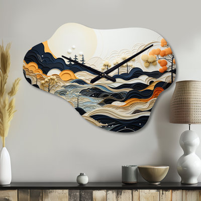 Gris, orange, dessin au trait, paysage - art au trait, horloge murale asymétrique