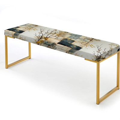 Gray Cubic Botanical Dreams - Patchwork Upholstered Gold Bench