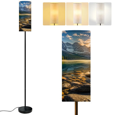  68.5" Standing Floor Lamp Snow Capped Mountain Peaks Alpine Lake Sunrise Golden Sun Rays Pine Dimmable Metal Pole Lamp with Linen Lampshade LED Bulb Included