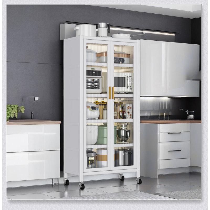 Floor-to-Ceiling Multilevel Open-Door Kitchen Shelving and Microwave Storage Cabinet for Enhanced Organization and Space Efficiency