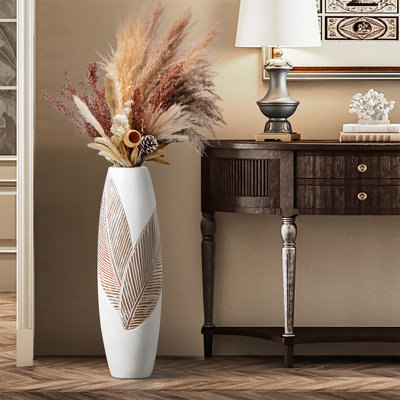 Grand vase de sol moderne en résine blanche de 24,8 pouces avec texture de feuille naturelle, décor élégant pour le salon et le vestibule
