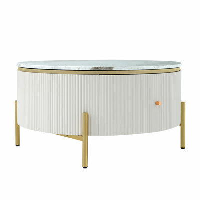  Baadur Modern Round Storage Coffee Table with Marble-Pattern Top and Drawers