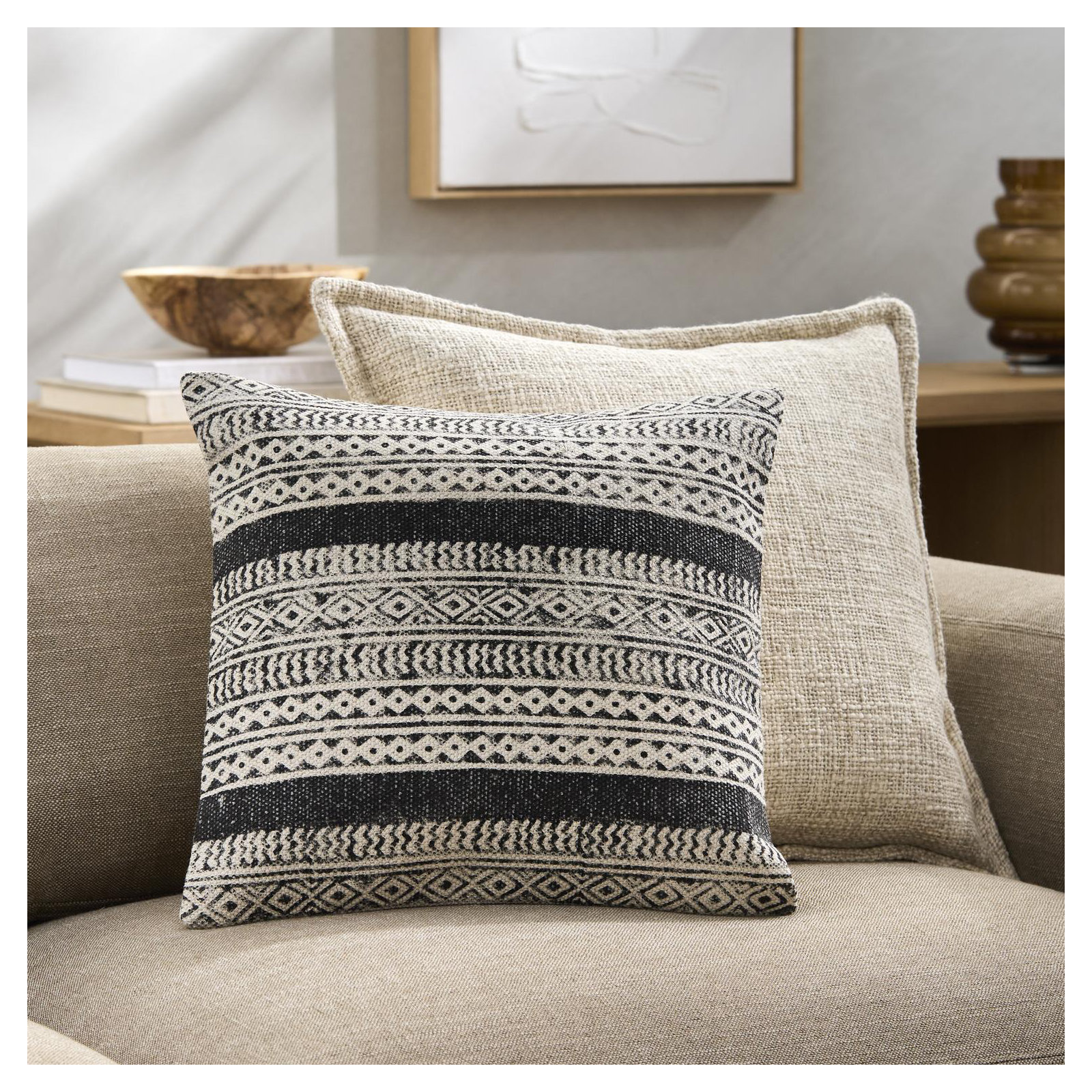 Zetta Geometric Cotton Throw Pillow, Beige/Black, 18" x 18", Pillow Cover Only - No Insert