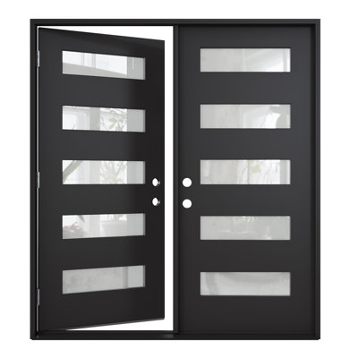 Porte d'entrée extérieure en fibre de verre 72 po x 80 po (2 x 36 po x 80 po), peinte en noir, porte française à 5 carreaux en verre dépoli avec chambranle, design classique et style moderne, grande durabilité, ouverture vers l'intérieur à gauche (quincaillerie non incluse)
