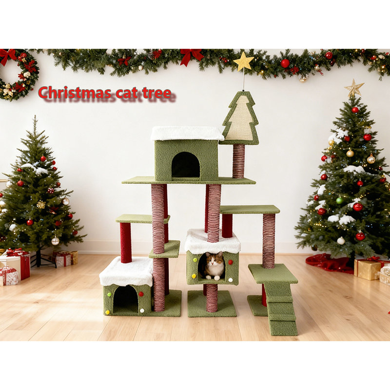 Large tour d'arbre à chat de Noël de 75,61 pouces pour chats d'intérieur, avec étoile dorée et cordes à gratter félines, avec cabines fermées confortables