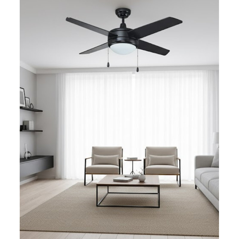 52" Europa IV 4-Blade Ceiling Fan Black Finish with Integrated LED Light, Black, Black