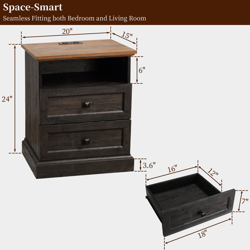 20'' W  Nightstand With 2 Drawers And Open Storage, White, Individual