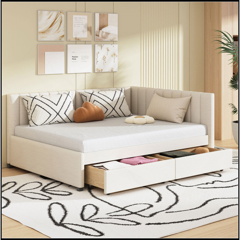Full Size Upholstered Daybed With 2 Storage Drawers Sofa Bed Frame No Box Spring Needed, Linen Fabric, Beige