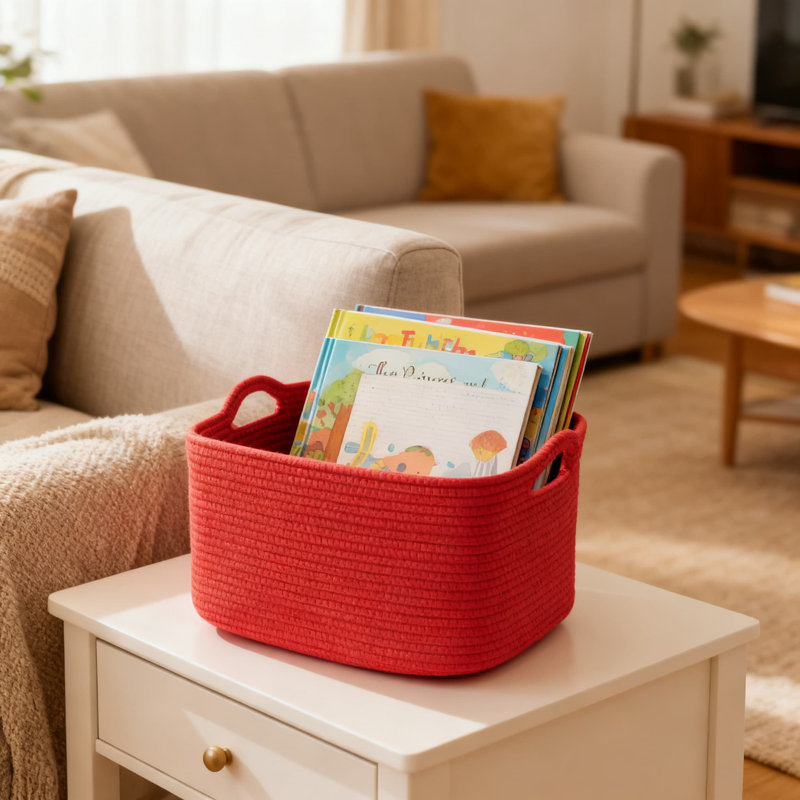 Woven Storage Basket For Organizing, Cotton Rope Organizer Bin For Shelves, Closet & Nursery, Decorative Toy And Book Storage Basket With Handles