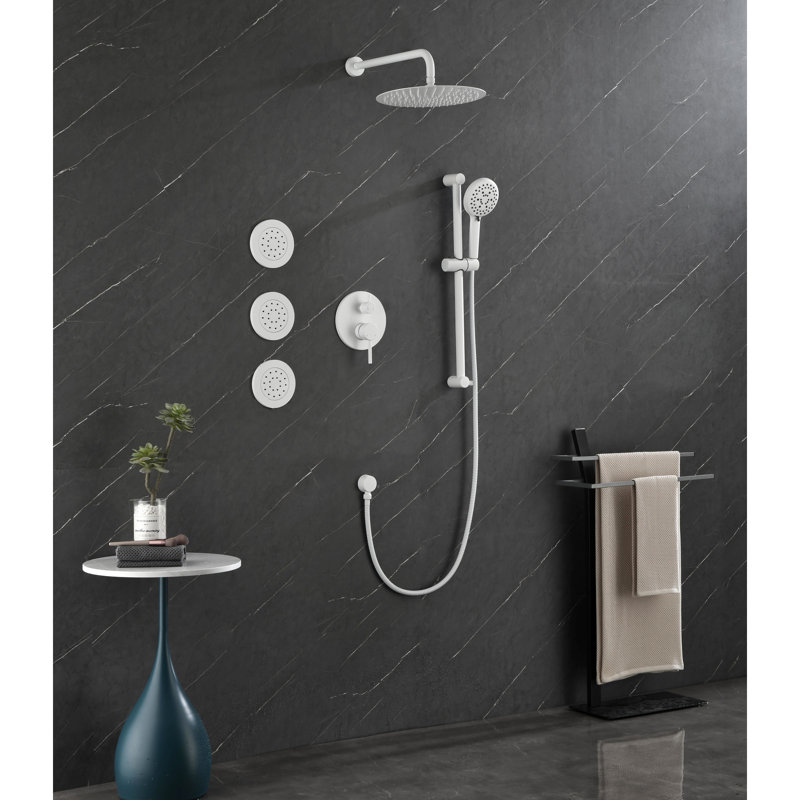 Shower System With White Brass Components: Head, Hand Shower, Slide Bar, Bodysprays - Wall Mounted Option Kit Bar &