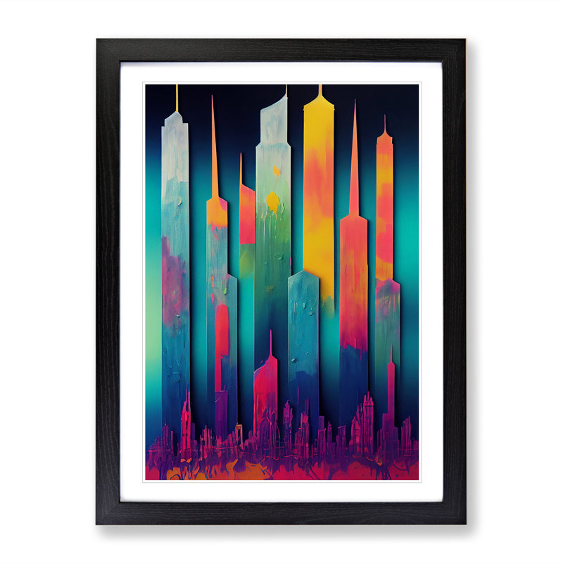 Colourful City Skyline No.3 - Painting, 66cm H x 48cm W x 2cm D, Black Framed, White