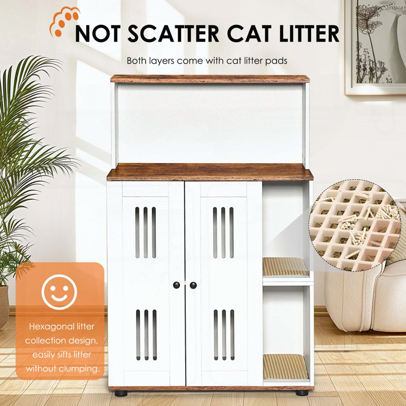 Enceinte de litière double pour 2 chats - Meuble pour chat caché avec tablette de rangement