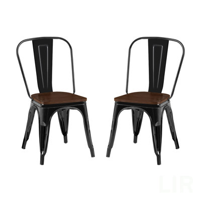 Set Of 2 High Gloss Black With Walnut Wooden Seat Industrial Metal Dining Chairs 18 Inch Seat Height Stackable, Indoor Outdoor, Lightweight Easy-Clean Surface, Easy Assembly, Durable Modern Design, Chair