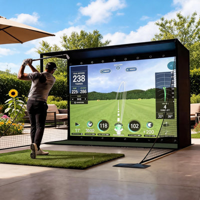 Indoor Golf Simulator Enclosure with 4K Impact Screen, Full Light‑Blocking Oxford Cloth & Side Safety Netting, 8.5x8.5x5 FT Home Golf Practice Cage for Projector & Swing Monitor