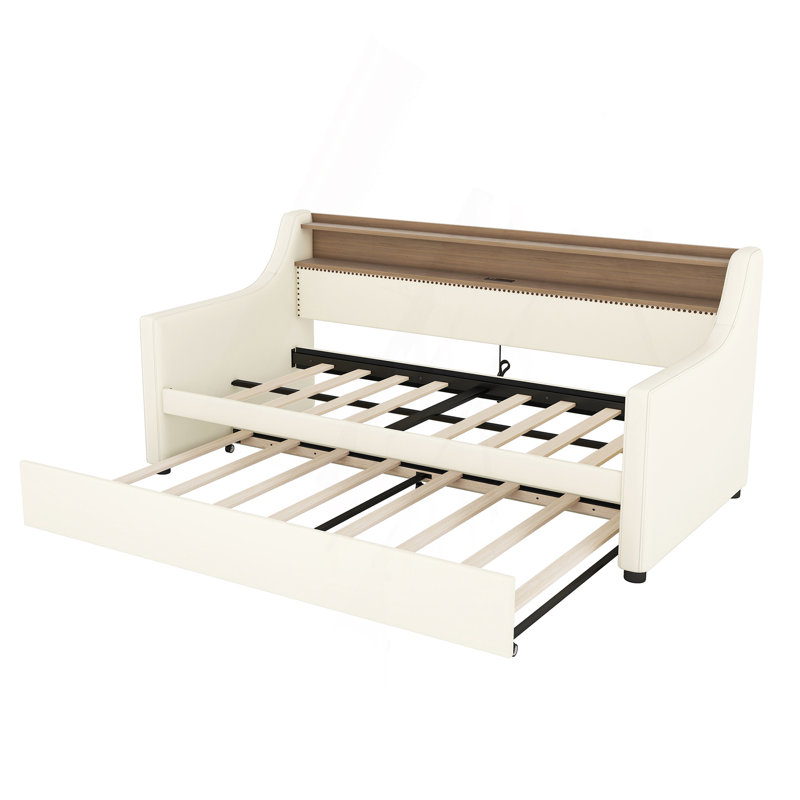 Twin Size Daybed With Trundle, Upholstered Daybed With Charging Station And LED Lights, White