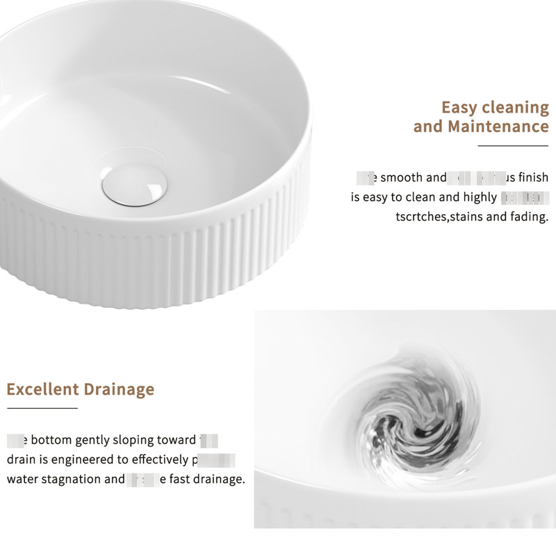 14 Inch Round Porcelain Ceramic White Vessel Sink, Vertical Stripes And Elegant Design, Easy To Clean For Bathroom Vanity Modern With Stripes, Maintenance Cabinet