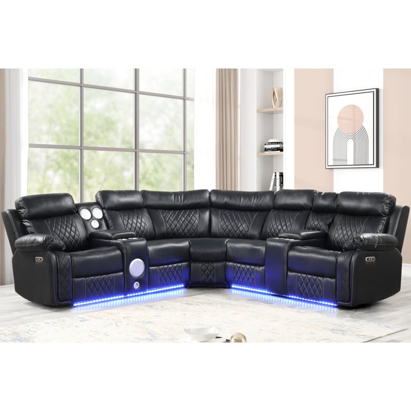 Moderne en forme de L avec coussins, lumières à DEL et accoudoirs modulaires audio-vidéo encastrés, port, fonction inclinable