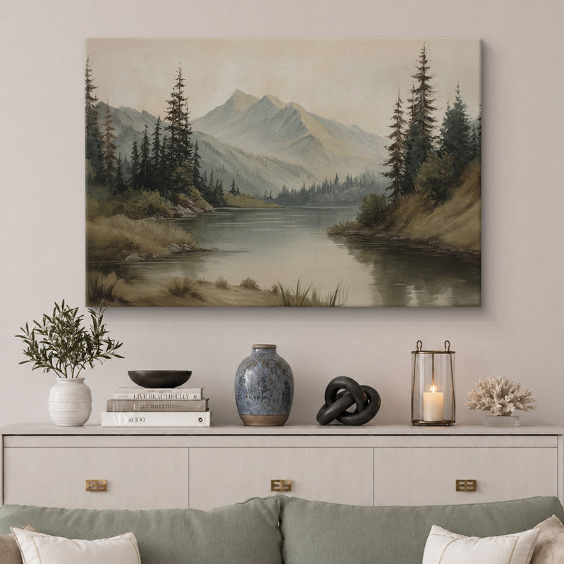 Misty Mountain Lake with Pine Forest - Pictures Extra Large Framed Canvas Print Wall Art, Wrapped Canvas
