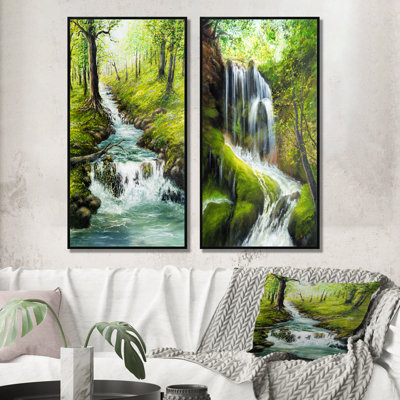 " Spring River Fall In Green Forest " 2 - Pieces Painting Print