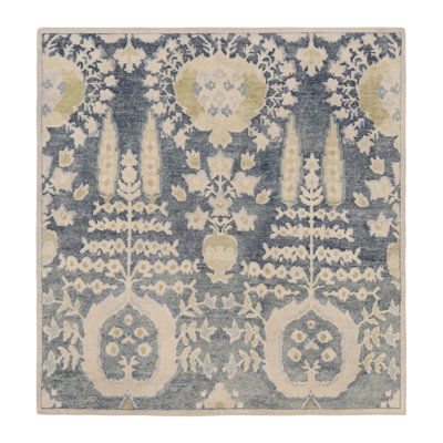 Rug & Kilim’S Block Print Square Rug In Soft Beige And Blue Floral Medallions