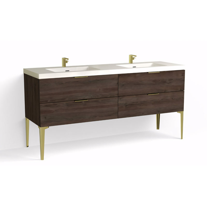 Avila 72" W Freestanding Double Bathroom Vanity with Dean Leg, White Acrylic, Satin Brass, Gloss White/Single