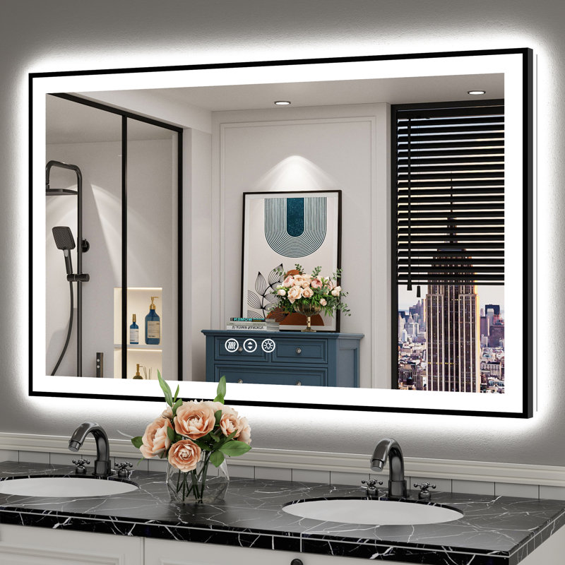 Miroir de salle de bain matte encadré noir matel avec lumières, éclairé à l'avant et à l'arrière, fonction mémoire, 3 températures de couleur, éclairage à intensité variable et miroir en verre trempé anti-buée homologué ETL