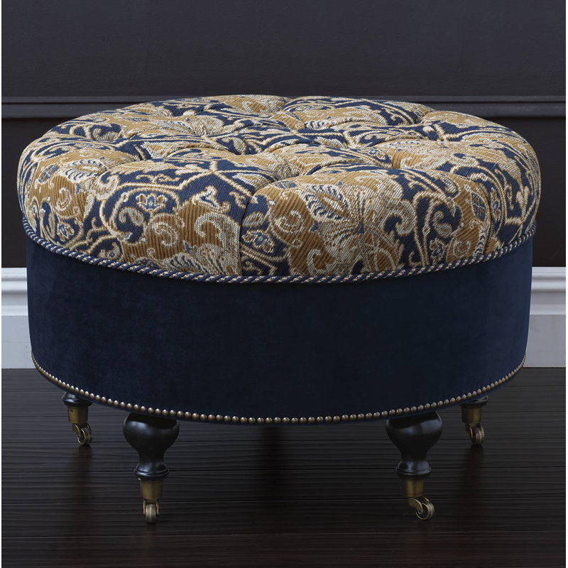 Arthur Round Ottoman, Plush Navy/Ochre Cotton Blend