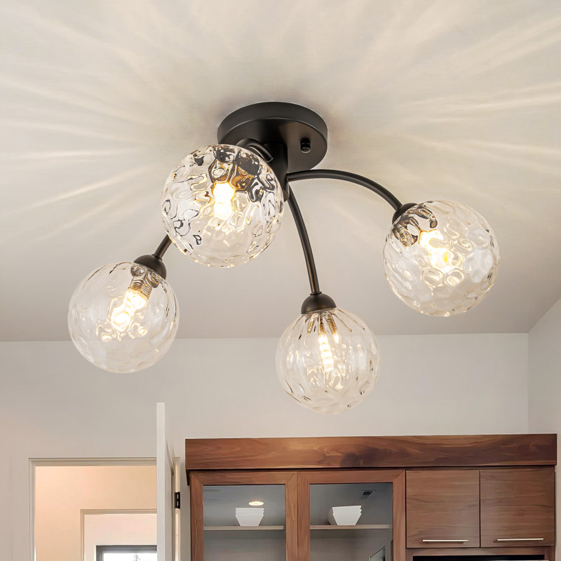 Plafonnier encastré en fer 4 lumières avec globes en verre d'eau, Noir mat