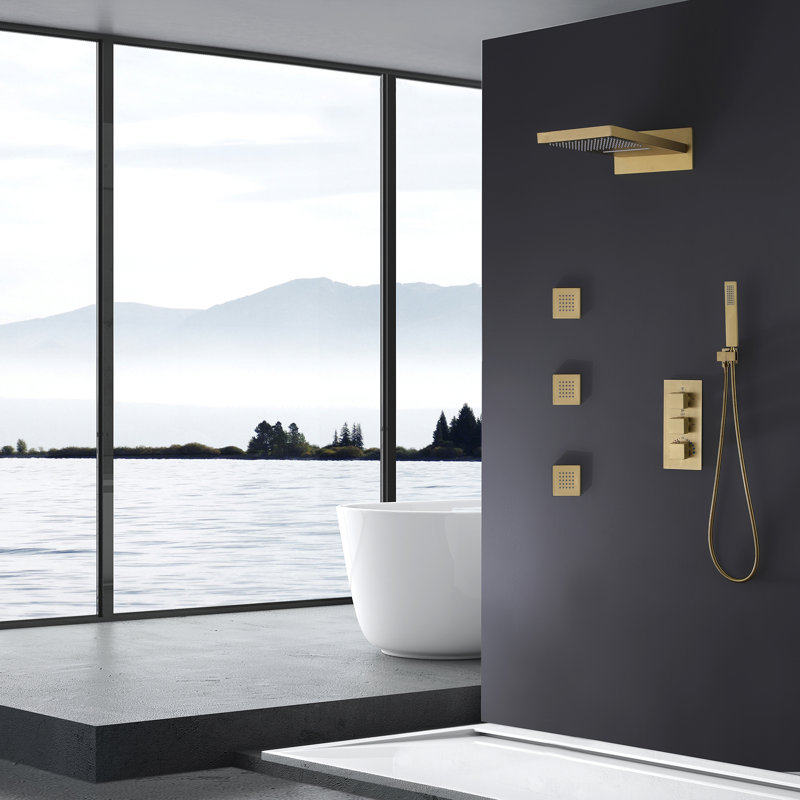Wall Mounted Complete Shower System With Thermostatic Valve, Brushed Gold