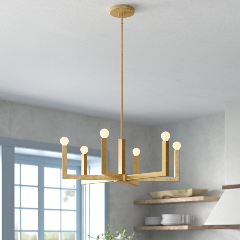 6 - Light Dimmable Geometric Chandelier, Heritage Brass, 27"