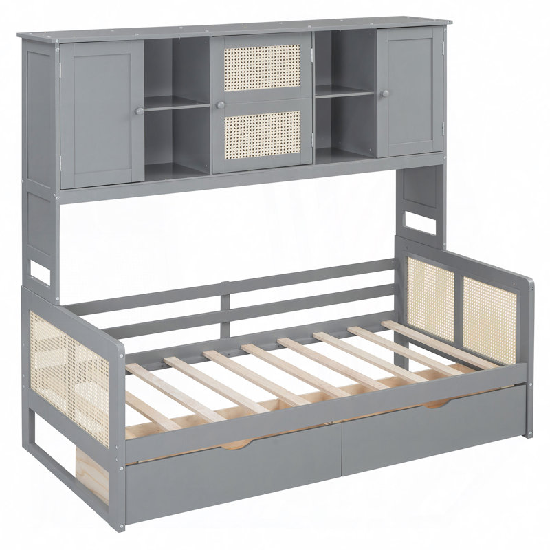 Lit de jour en bois avec 2 tiroirs, armoire et tablette tout-en-un, Gris, Lit simple